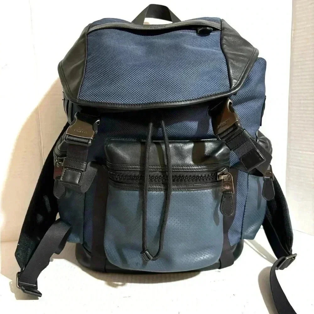 Coach unisex navy blue black leather nylon backpack